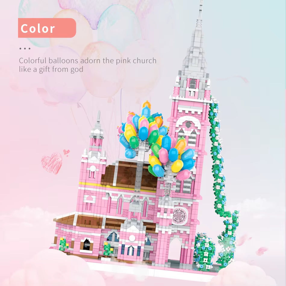 Pink Castle Building Blocks Set - DIY Mini Palace Construction Toy Kids 8+ Creative Architecture Gift 500+ Pieces